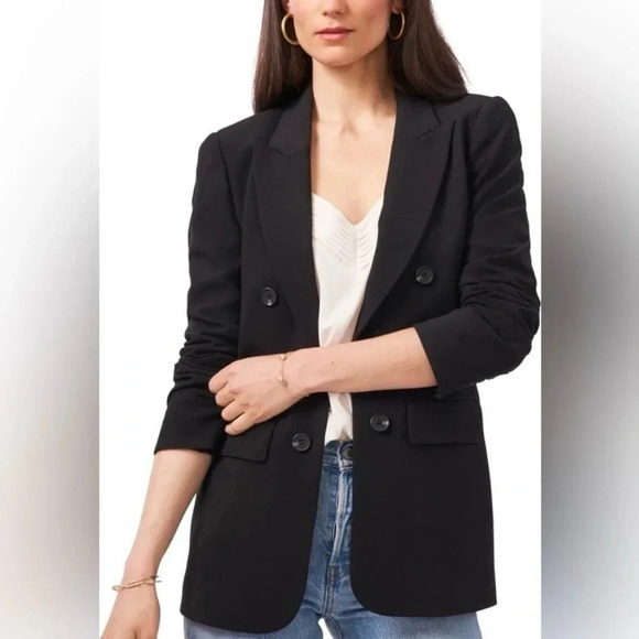 1. State Black Ruched Sleeve Double Breasted Blazer Size Medium - Picture 1 of 14